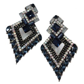 Very Large Art Deco Antique Vintage Style Navy Blue Sapphire Aurora Rhinestone Bridal Bridesmaid Wedding Prom Pageant Statement Cluster Earrings