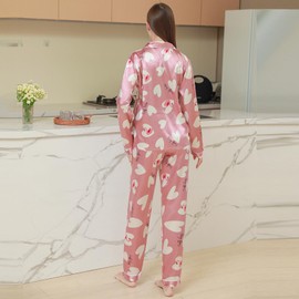 Women's Silky Satin Long Sleeve Top and Long Silky Button Down Sleepwear Pajama Sets Sleepwear, Pink Swan, M