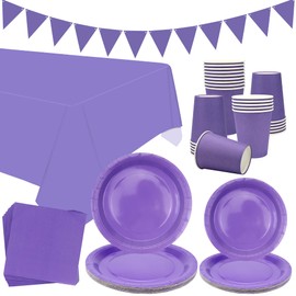 LSJDEER Purple Party Tableware Supplies - Serves 20, Purple Pastel Party Decoration Dinnerware Includes Plates, Cups, Napkins, Banner, Tablecloth for Wedding Birthday Party Baby Shower (Purple, 20)