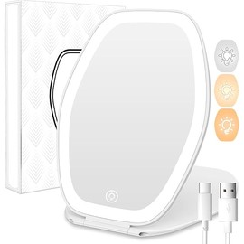 Travel Makeup Mirror with Light: 3 Color Lighting Portable Mirror with Touch Screen Rechargeable Adjustable LED Lights Vanity Hexagon Mirror for Travel, Desk, Home (White)