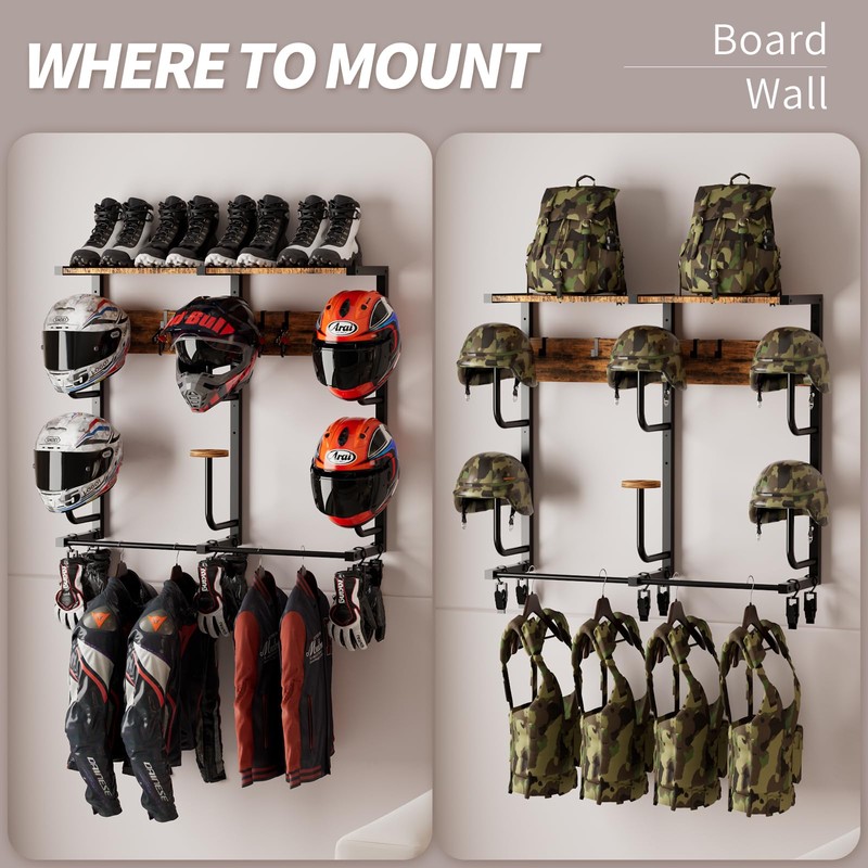 Motorcycle Helmet Rack with 6 J-hooks& 6 Clip Hooks –