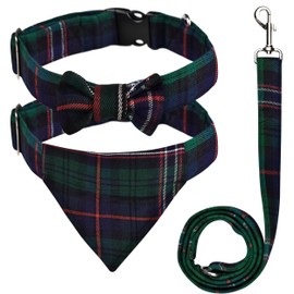 Dog Collar and Leash Set – Scottish Tartan Plaid Dog Bow Tie and Neckerchief, Tangle Free Leash Adjustable Collars Traditional Style for Walking and Training. (Scottish National)