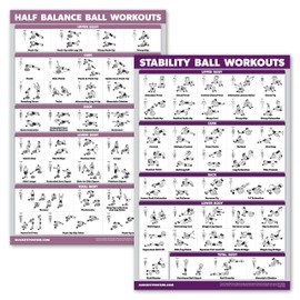 2 Pack: Half Balance Ball Workout Poster + Yoga Ball Exercise Chart - Set of 2 Workout Posters (LAMINATED, 18" x 24")