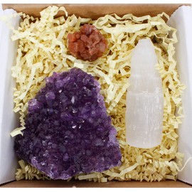 Dancing Bear Amethyst Cluster Cut Base (1/2lb to 1lb), Aragonite Cluster, & Selenite Tower, Healing Crystal (3 Pc Set) Premium Grade A, Bohemian Home Décor, Natural Good Vibes, Metaphysical Info Cards