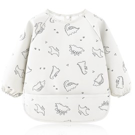 GIKPAX Weaning Bib, Soft and Skin-Friendly Baby Bibs 6-12 Months Waterproof Baby Weaning Bib PU Baby Bibs with Sleeves Washable Coverall Bibs for Baby and Toddlers Feeding (White)