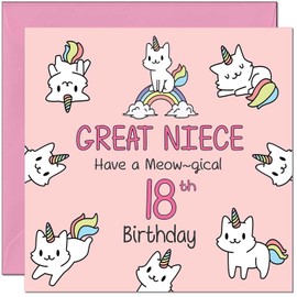 18th Great Niece Birthday Card - Funny Cat Cute Great Niece's Birthday Card for 18 Year old teenage Kids Eighteen, Eighteenth