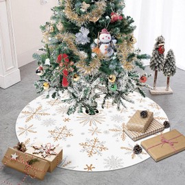 Christamas Tree Skirt 36 Inch, Snowflake Christmas Decorations for Home White Gold Christmas Decor Seaonal Winter Holiday Indoor Outdoor Party Decorations