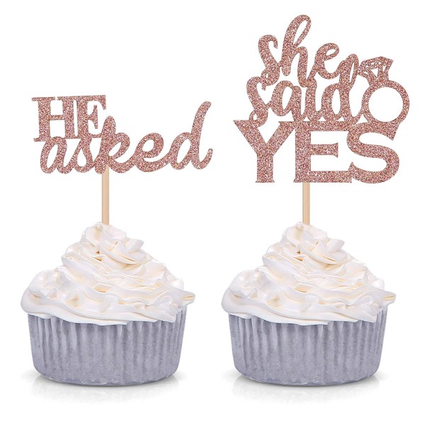 SEREE 24 Counts Glitter He Asked She Said Yes Cupcake Toppers Engagement Party Decorations - Rose Gold