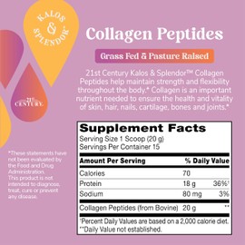 21st Century Kalos & Splendor Hydrolyzed Collagen Peptides, 20g, Unflavored Bovine Collagen Peptide, Type I & III, 18g Protein per Serve, Easily Mixable, Non-GMO, Gluten Free, No Soy or Dairy