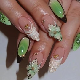 24 Pcs Spring Press on Nails Short Almond,YIHONGYAN 3D Flower Fake Nails Press ons Green French Nail Tip Acrylic Kit Glue on Nails Full Cover False Nails with Shells Design Stick on Nails for Woman