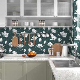 Fvlow Blue Wallpaper White Floral Peel and Stick 17.4" x 118" Flower Contact Paper Modern Watercolor Self Adhesive Covering for Bedroom Cabinet Bathroom Home Decor