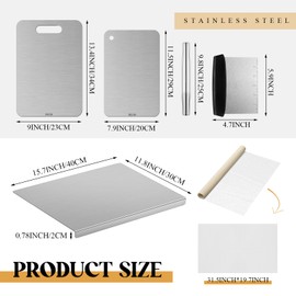 Patelai 6 Pcs Stainless Steel Cutting Board Set Steel Chopping Boards for Kitchen, Double Sided Board with Lip, Rolling Pin and Anti Slip Mesh for Countertop Meat Fruits Vegetables Bread Noodle Pizza
