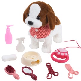 Walking Dog Toy Interactive Dog Toy Leash Plush Pets Puppy Dog Toy with Walking Barking Singing Licking Shaking Tail Pretend Dress Up Dog Stuffed Animal Toy for 1 2 3 4 5 Year Old (Brown)