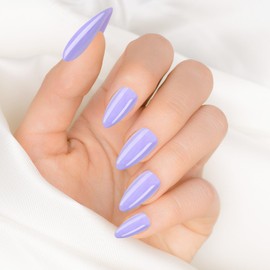 24Pcs Oval Press on Nails Short, Light Purple Fake Nails, Full Cover Acrylic False Nail Tips, Artificial Fingernails Tips, Reusable Stick on Nail for Women DIY Salon Manicure Gift
