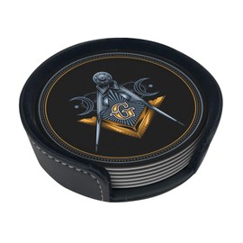 Masonic Freemason Gold Leather Drinks Coasters with Holder, Suitable for Kinds of Cups, Set of 6