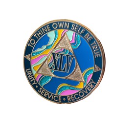 45 Year AA Medallion Marble Tahiti Teal Pink Gold Sobriety Chip