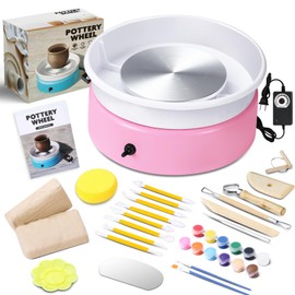 Goody King Mini Pottery Wheel-9.4”Pottery Wheel for Adults Beginners Kids, Upgraded Movable Turntable with Adjustable Speed with 16 Pottery Shaping Tools, Supports Forward and Reverse Rotation-Pink