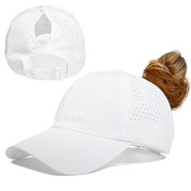 Gisdanchz Women's Vertical Ponytail Cap, Adjustable, Lightweight, Breathable, Perforated Summer Baseball Cap for Running, Golf and More, White, 54-58