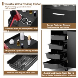 Salon Trolley Storage Cart, Beauty Rolling Cart w/ 4 Sliding Trays, 4 Lockable Wheels, 3 Hair Dryer Holes, 2 Keys, Space-Saving Side Tray, Mobile Hairdressing Storage Cart for Salon, Spa, Manicure