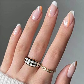 Uñas postizas medianas a presión de almendras, uñas postizas francesas de cobertura completa para mujeres y niñas, 24 unidades (estilo 2)