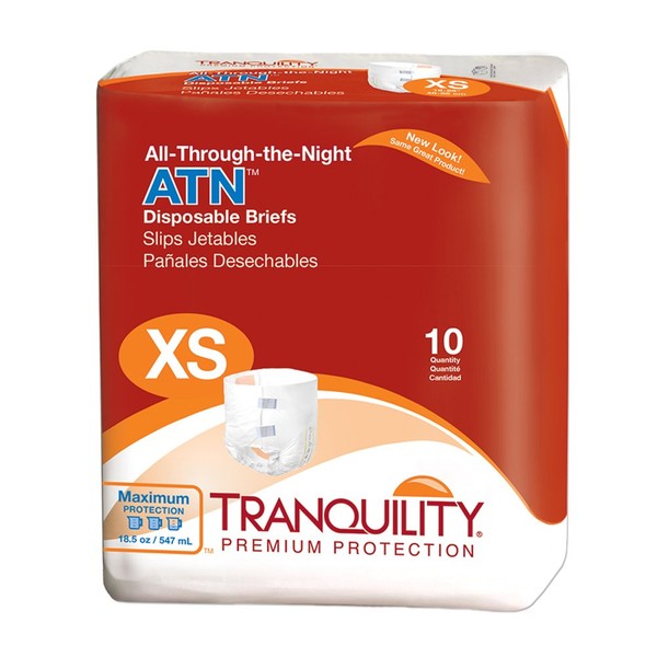 Tranquility ATN Adult Disposable Briefs, Refastenable Tabs with All-Through-The-Night Protection, XS (18"-26") - 10ct (Pack of 1)