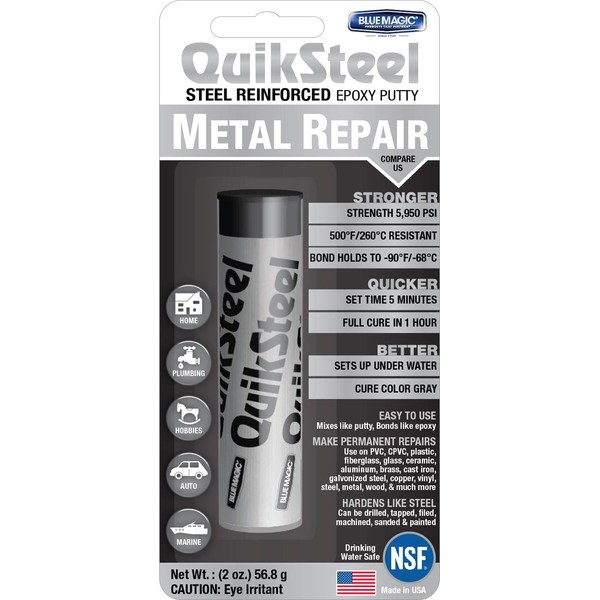 Blue Magic 16002TRI QuikSteel Steel Reinforced Epoxy Putty Repair, Blister Pack - 2 oz, Gray