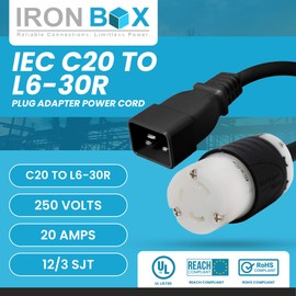 IronBox Electric IEC C20 to L6-30R Plug Adapter Power Cord - 20A, 250V, 12/3 SJT - UL Listed Power Supply - Heavy Duty Extension Cable for Data Centers, PDUs, Generator, Amplifier & More (3ft, Build)
