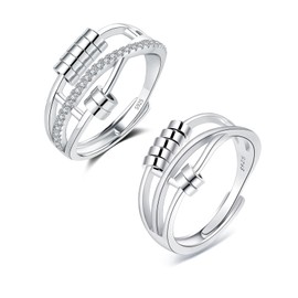 Hasnsofie Silver 925 Anxiety Rings, 2 Pieces 925 Sterling Silver Anti-Stress Ring Set, Open Adjustable Anxiety Ring, Unisex Spinner Fidget Partner Rings, Decompression Ring with Beads for Anxiety