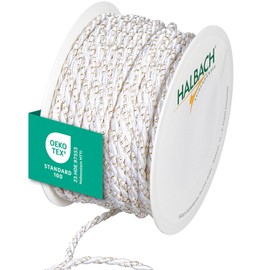 Halbach Seidenbänder Cordoncino bicolore di alta qualità, larghezza 4 mm, lunghezza 25 m, prodotto in Germania e certificato Öko-Tex, cordoncino in raso scintillante in acetato, colore: bianco/oro