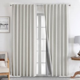 Joydeco Linen Curtains 84 inch Length 2 Panels Set Burg 100% Blackout Long Drapes for Bedroom Living Room Black Out Darkening Curtain Thermal Insulated Back tab Rod Pocket(52x84 inch,Greyish White)
