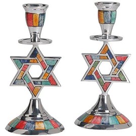 Aluminum Shabbat Star of David Candlesticks with Multicolored Decorative Inlay Set of Two