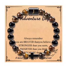 Graduation Gifts for Him 2024 High School, College Graduation Gifts for Men Class of 2024 Tigers Eye Cross Initial Natural Stone Beads Bracelet, Graduation Gifts for Son Boyfriend Brother Grandson（J）