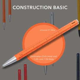 Multitasking ballpoint pen with black D1 refill – CONSTRUCTION BASIC – centimetre/inch ruler, 1:20/1:50 scale – easy refill change – aluminium, metal – neon orange, silver-coloured - TROIKA Original