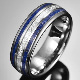 TUNGSTORY Silver Tungsten Carbide Ring Inlaid with Imitated Meteorite and Lapis Lazuli 8mm Anniversary Rings for Men Women High Polished Z1/2