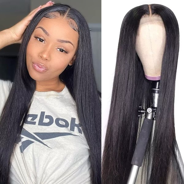 Ladiary Hair Glueless HD Lace Closure Wigs Human Hair Pre Plucked Bleached Knots with Baby Hair 180 Density 4x4 Straight Lace Closure Human Hair Wigs for Women Natural Black Color 20 inch