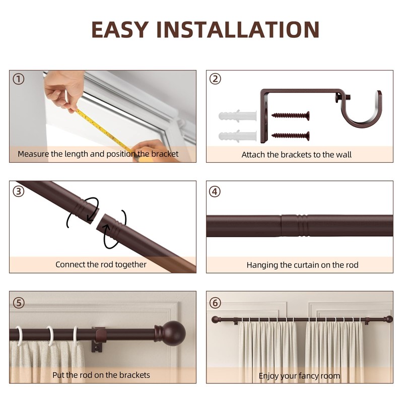 SMODBRODRE Curtain Rods for Window 32 to 62, Brown 5/8