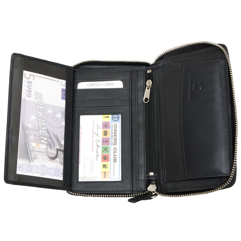 FLW Women's Black Metal Zip-Around Genuine Leather Wallet