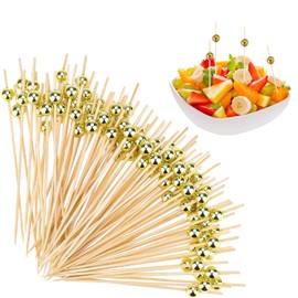 ZIOYA Pack of 300 Cocktail Skewers Skewers Finger Food with Gold Acrylic Pearl Cocktail Skewers Wooden Fruit Skewers for Cocktail Decoration Candy and Antipasti Carnival Birthday Party