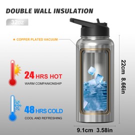 32oz Insulated Water Bottle (Cold for 48 Hrs),BPA Free&Leak Proof,Stainless Steel Water Flask,Water Jug with Straw Spout Lids for Gym,Hiking,Travel,Stainless
