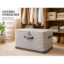 Foldable Storage Box with Lid - Durable Beige Checkered Organizer for Clothes, Blankets, Toys