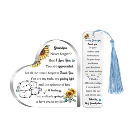 Grandpa Gifts Father's Day Present 2PC Set Acrylic Heart Plaques Bookmark Women Gift Grandfather Desk Signs Christmas Birthday for Him Thanksgiving New Year Grandad Page Markers Reading Accessory