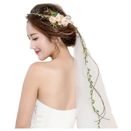 Bueer Flower Wreath Headband Crown Floral Garland Boho for Festival Wedding with Veil, Medium