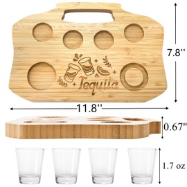 Tebery 6 Slot Tequila Shot Board with Handle, Tequila Flight Board with 4 Shot Glass Portable, Bamboo Shot Glasses Serving Tray with Salt Rim, Shot Glass Holder for Liquor, Bar, Housewarming, Party