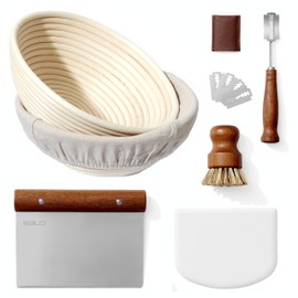 Premium Bread Proofing Set with Acacia Wood - Sourdough Bread Baking Supplies, 2 Rattan Banneton Baskets, 2 Basket Covers, Brush, Metal Scrapper, Plastic Scrapper, Scoring Lame, 5 Blades & Case