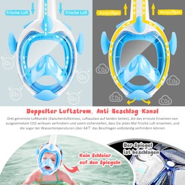 Tyuodna Children's Snorkel Mask, Diving Mask, Full Face Mask for Children 4-12 Years, 180° HD Anti Fog and Anti Leak Diving Goggles Children with Snorkel, CO2 Safe Snorkeling Mask (Blue)