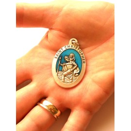 Saint Christopher 1-1/2" x 1-1/8" Silver Tone / Enameled Medal