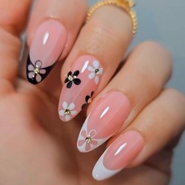 Spring Press on Nails Almond Medium Fake Nails Pink Nails Press ons Glossy Glue on Nails French Acrylic Nails Summer False Nails with Black White Flower Designs Cute Stick on Nails for Women 24Pcs