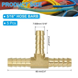 PATIKIL 5/16" Barb Tee Fitting, 5 Pcs 3 Way Union T-Shaped Brass Hose Barbed Fittings Intersection for Water Fuel Air Oil Gas
