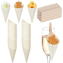 Yookeer 200 Pcs 5 Inch Disposable Wood Cones with 200 Pcs Mini Clips, Disposable Wine Champagne Glass Charcuterie Toppers Cones for Appetizers Popcorn Snacks for Wedding Party Restaurants Food Display