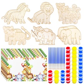 WYOMER 12 Sets Safari Party Favors Painting Kits, Jungle Craft Kits Party Supplies, Jungle Wooden Painting Kit for Kids with Cards